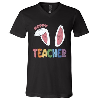 Hoppy Teacher Easter Cute Rabbit Spring V-Neck T-Shirt