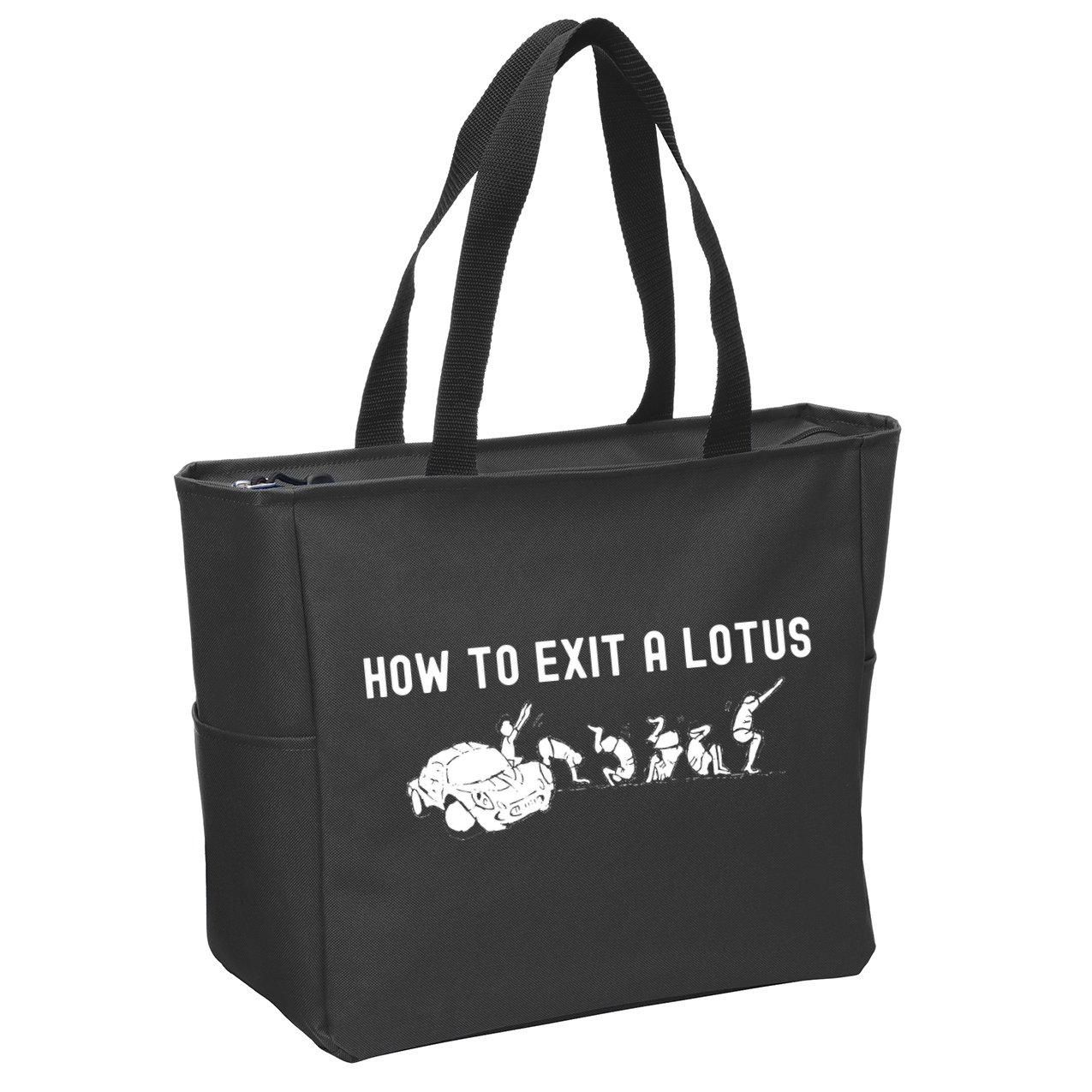 How To Exit A Lotus Racing Car Funny Joke Autocross Drag Gift Zip Tote Bag
