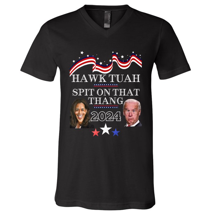 Hawk Tauh Funny Election 2024 Spit On That Thang Biden V-Neck T-Shirt