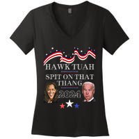 Hawk Tauh Funny Election 2024 Spit On That Thang Biden Women's V-Neck T-Shirt