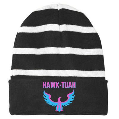 Hawk Tuah Funny Viral Meme Striped Beanie with Solid Band