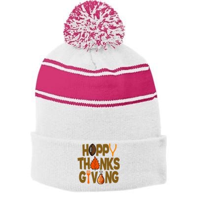 Happy Thanksgiving Football Autumn Holiday Stripe Pom Pom Beanie