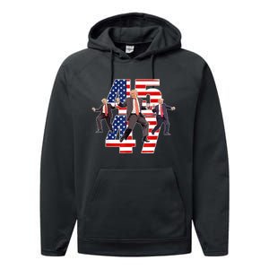 Humorous Trump Funny Victory Dance Trump Dancing America 47 Performance Fleece Hoodie