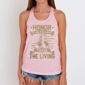 Honor The Fallen Thank The Living Memorial Day Veterans Day Great Gift Women's Knotted Racerback Tank