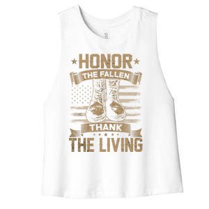 Honor The Fallen Thank The Living Memorial Day Veterans Day Great Gift Women's Racerback Cropped Tank