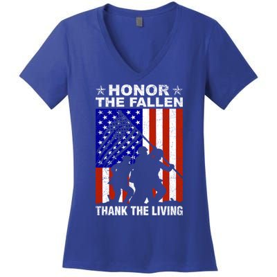 Honor The Fallen Thank The Living Memorial Day Veteran Gift Cool Gift Women's V-Neck T-Shirt