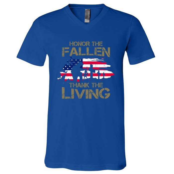 Honor The Fallen Thank The Living Memorial Day Veteran Funny Gift V-Neck T-Shirt