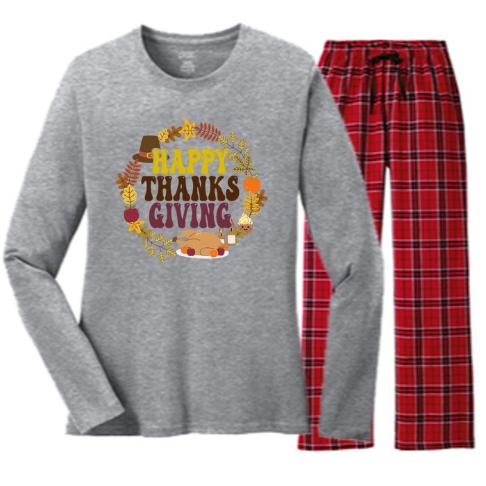 Happy Thanksgiving Fall Holiday Women's Long Sleeve Flannel Pajama Set 