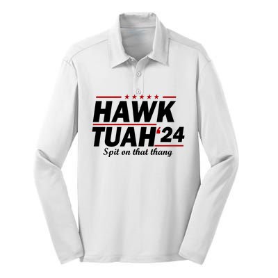 Hawk Tuah Funny Saying Silk Touch Performance Long Sleeve Polo