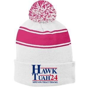 Hawk Tuah Funny Saying Stripe Pom Pom Beanie