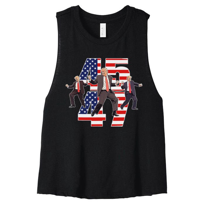 Humorous Trump Funny Victory Dance Trump Dancing America 47 Women's Racerback Cropped Tank