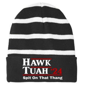 Hawk Tuah Funny Saying Striped Beanie with Solid Band