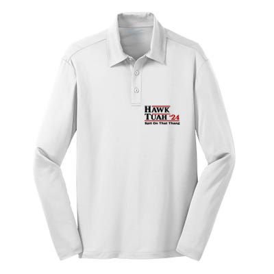 Hawk Tuah Funny Saying Silk Touch Performance Long Sleeve Polo