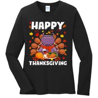 Happy Thanksgiving Funny Hippo Turkey Autumn Hippo Lover Ladies Long Sleeve Shirt