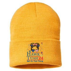 Hawk Tush Funny Messy Bun Hawk Tuah 24 Spit On That Thing Sustainable Knit Beanie