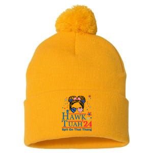 Hawk Tush Funny Messy Bun Hawk Tuah 24 Spit On That Thing Pom Pom 12in Knit Beanie