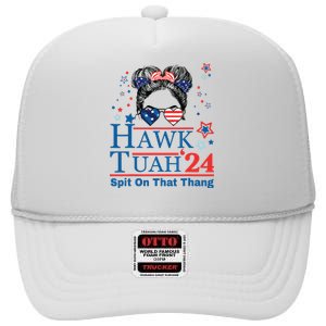 Hawk Tush Funny Messy Bun Hawk Tuah 24 Spit On That Thing High Crown Mesh Back Trucker Hat