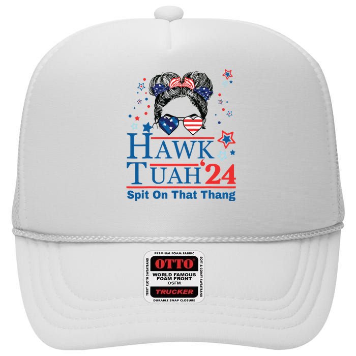 Hawk Tush Funny Messy Bun Hawk Tuah 24 Spit On That Thing High Crown Mesh Back Trucker Hat