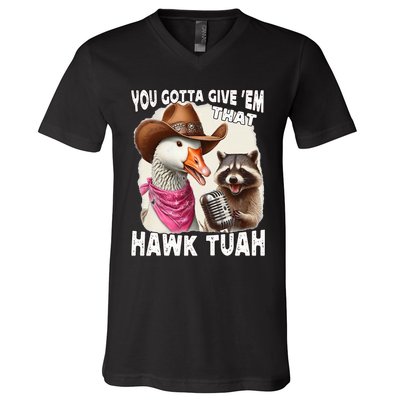 Hawk Tuah Funny Viral Humor Meme Video Girl 24 Goose Tua V-Neck T-Shirt