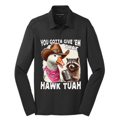 Hawk Tuah Funny Viral Humor Meme Video Girl 24 Goose Tua Silk Touch Performance Long Sleeve Polo