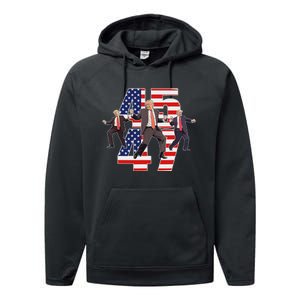 Humorous Trump Funny Victory Dance Trump Dancing America 47 Performance Fleece Hoodie