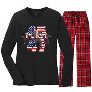 Humorous Trump Funny Victory Dance Trump Dancing America 47 Women's Long Sleeve Flannel Pajama Set 