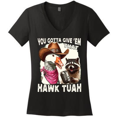 Hawk Tuah Funny Viral Humor Meme Video Girl 24 Goose Tuah Women's V-Neck T-Shirt