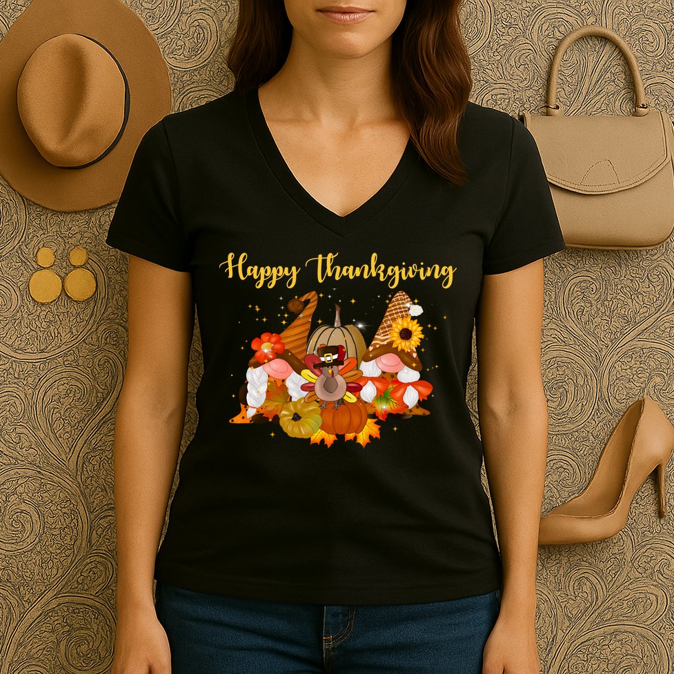 Happy Thanksgiving Fall Gnomes Women's V-Neck T-Shirt