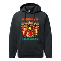 Happy Thanksgiving Funny Turkey Cartoon Turkey With Glasses Performance Fleece Hoodie