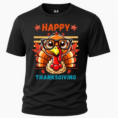 Happy Thanksgiving Funny Turkey Cartoon Turkey With Glasses Cooling Performance Crew T-Shirt