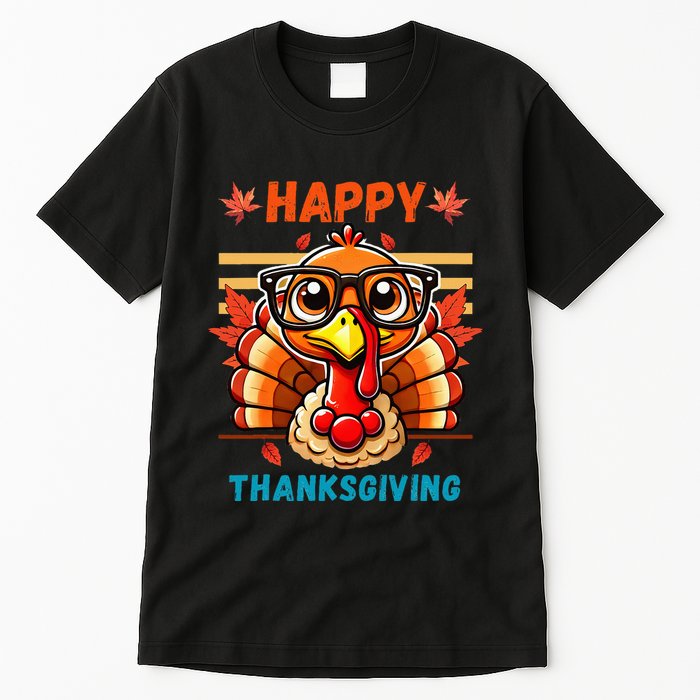 Happy Thanksgiving Funny Turkey Cartoon Turkey With Glasses Tall T-Shirt