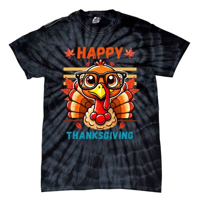 Happy Thanksgiving Funny Turkey Cartoon Turkey With Glasses Tie-Dye T-Shirt