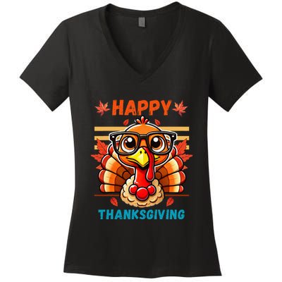 Happy Thanksgiving Funny Turkey Cartoon Turkey With Glasses Women's V-Neck T-Shirt