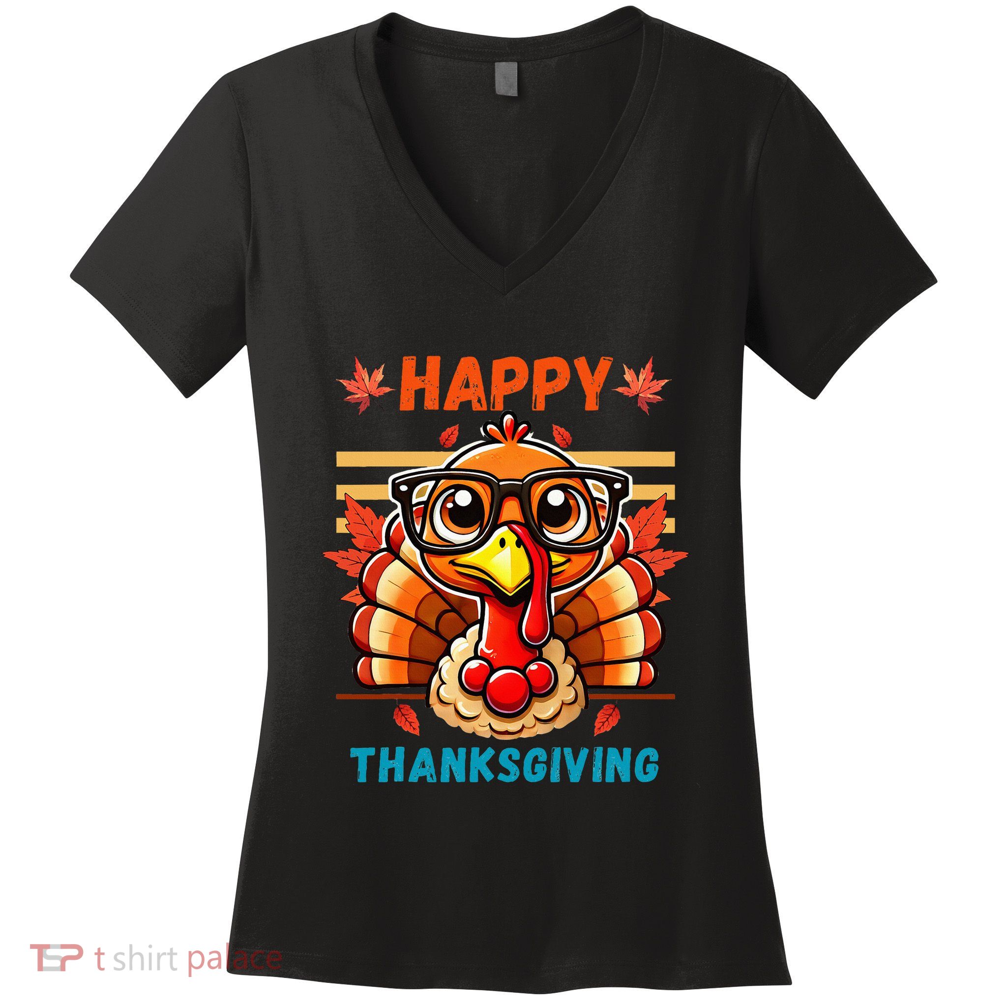 Happy Thanksgiving Funny Turkey Cartoon Turkey With Glasses Women's V-Neck T-Shirt