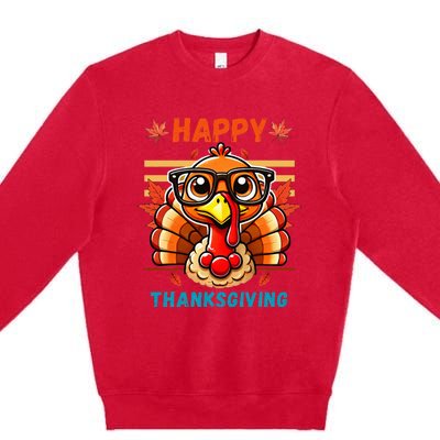 Happy Thanksgiving Funny Turkey Cartoon Turkey With Glasses Premium Crewneck Sweatshirt