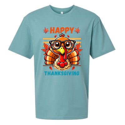 Happy Thanksgiving Funny Turkey Cartoon Turkey With Glasses Sueded Cloud Jersey T-Shirt