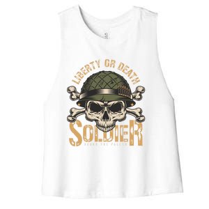 Honor The Fallen Army Heroes Skull In Soldier Helmet Gift Women's Racerback Cropped Tank