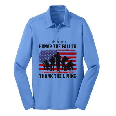 Honor The Fallen Thank The Living Memorial Day Retro Us Flag Meaningful Gift Silk Touch Performance Long Sleeve Polo