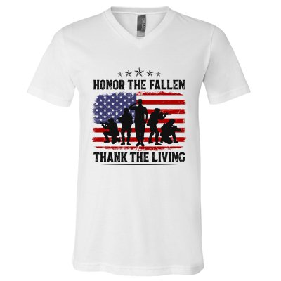 Honor The Fallen Thank The Living Memorial Day Retro Us Flag Meaningful Gift V-Neck T-Shirt