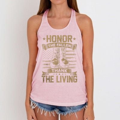 Honor The Fallen Thank The Living Memorial Day Veterans Day Funny Gift Women's Knotted Racerback Tank