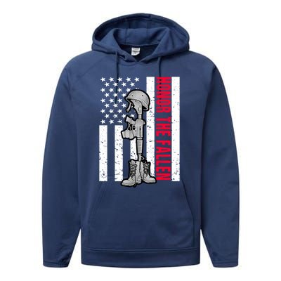 Honor The Fallen Memorial Day American Flag Gift Performance Fleece Hoodie