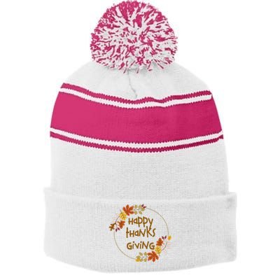 Happy Thanksgiving Fall Leaves Holiday Gift Stripe Pom Pom Beanie