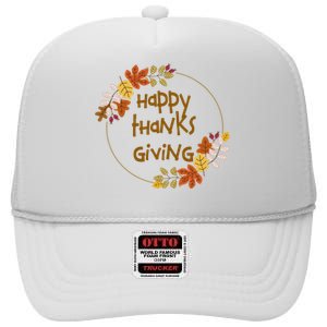 Happy Thanksgiving Fall Leaves Holiday Gift High Crown Mesh Back Trucker Hat