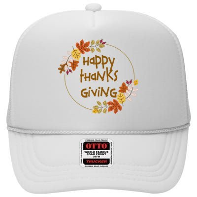 Happy Thanksgiving Fall Leaves Holiday Gift High Crown Mesh Back Trucker Hat