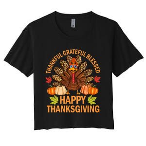 Happy Thanksgiving Funny Turkey Pumpkin Autumn Fall Family Women's Crop Top Tee