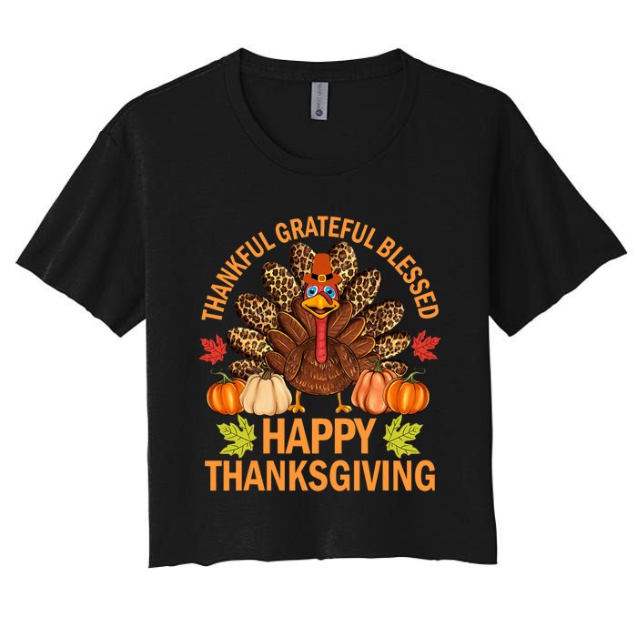 Happy Thanksgiving Funny Turkey Pumpkin Autumn Fall Family Women's Crop Top Tee