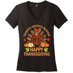 Happy Thanksgiving Funny Turkey Pumpkin Autumn Fall Family Women's V-Neck T-Shirt