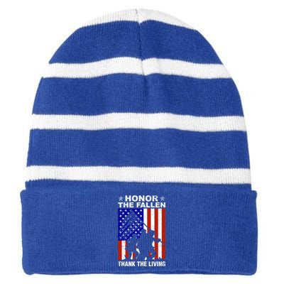 Honor The Fallen Thank The Living Memorial Day Veteran Funny Gift Meaningful Gif Striped Beanie with Solid Band