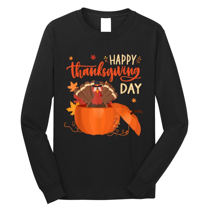 Happy Thanksgiving Funny Turkey Pumpkin Autumn Fall Season Long Sleeve Shirt