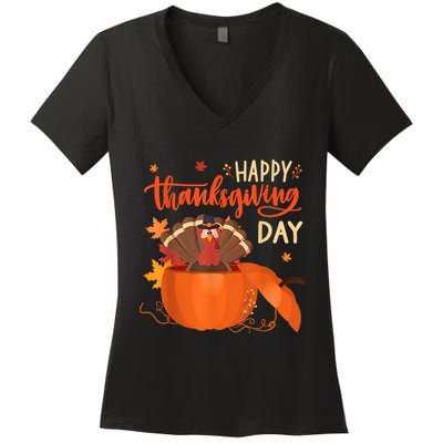 Happy Thanksgiving Funny Turkey Pumpkin Autumn Fall Season Women's V-Neck T-Shirt